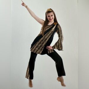 REVOLUTION Size Child Extra Large Black Pants Gold Sequinned Top Dance C…